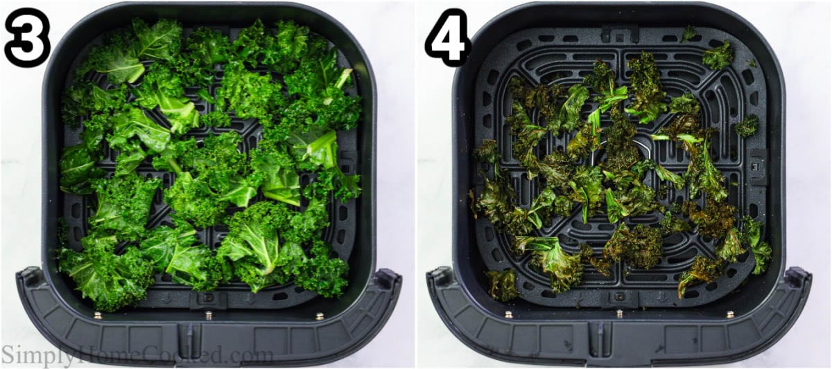 Steps to make Air Fryer Kale Chips, including cooking them in an air fryer basket until crispy.