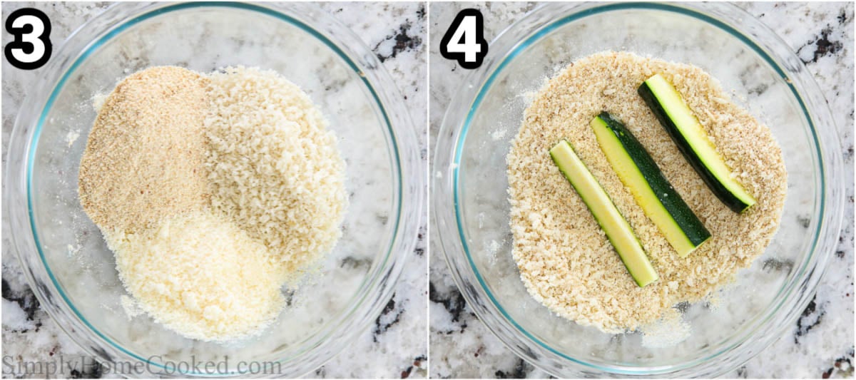 Steps to make Air Fryer Zucchini Fries, including combining the Parmesan, salt, and bred crumbs and then dredging the zucchini sticks in it.