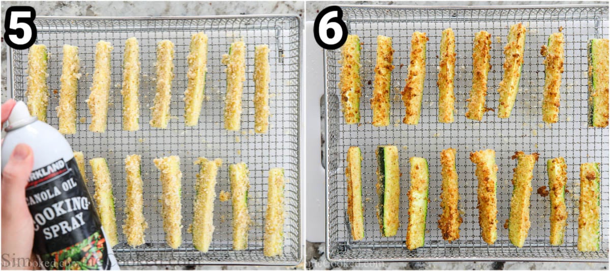 Steps to make Air Fryer Zucchini Fries, including spraying them with cooking spray and then baking in the air fryer.