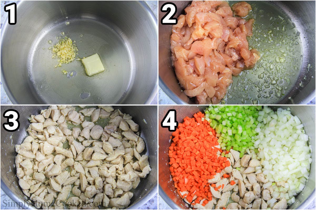 Steps to make Chicken Gnocchi Soup, including sauteing the garlic in oil and butter, cooking the chicken, and then the vegetables.