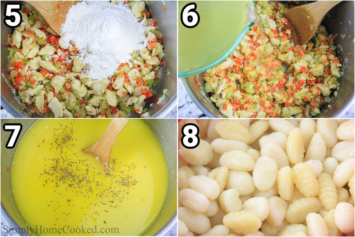 Steps to make Chicken Gnocchi Soup, including stirring in the flour, broth, seasoning, and gnocchi.