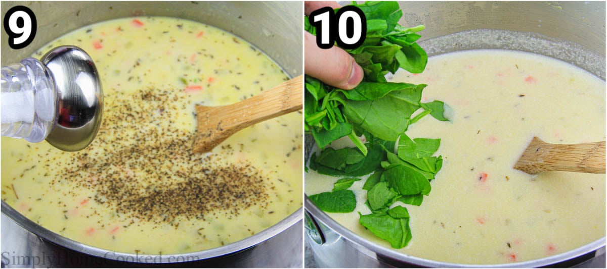 Steps to make Chicken Gnocchi Soup, including adding the last of the seasoning and half & half, then spinach.