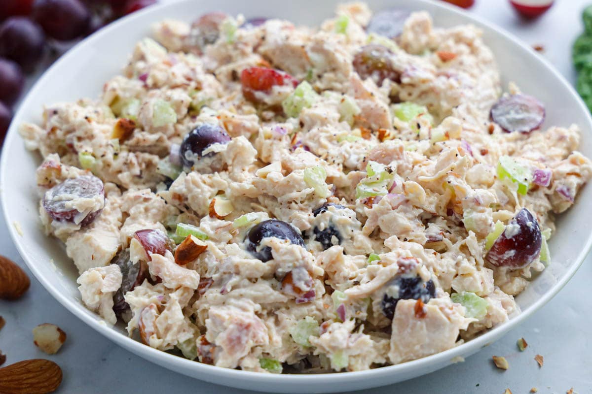 Horizontal image of Chicken Salad with Grapes in a white bowl