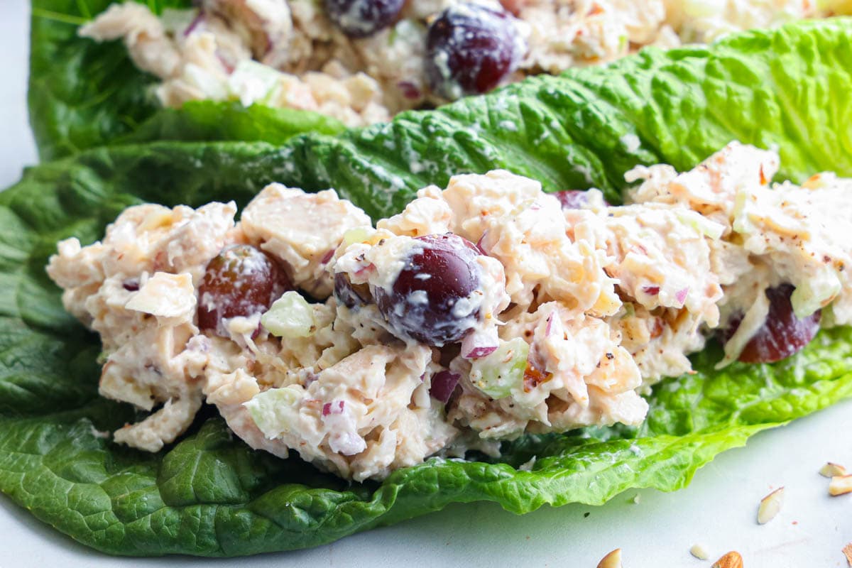 Horizontal image of Chicken Salad with Grapes in lettuce leaves