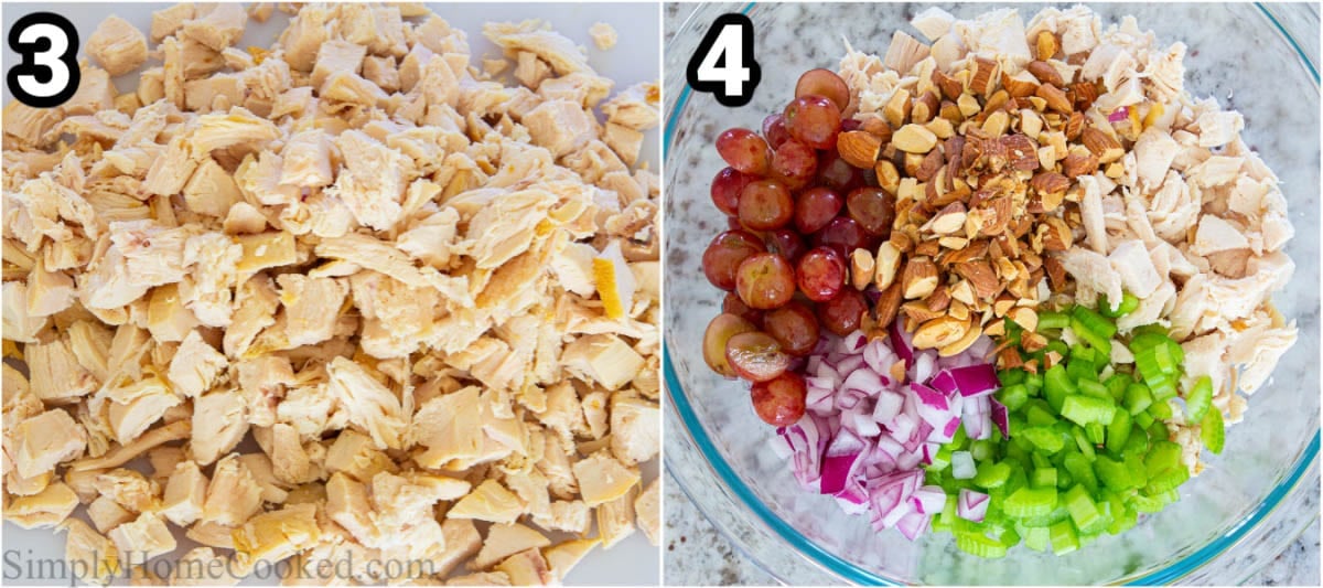 Steps to make Chicken Salad with Grapes, including cubing the chicken and adding the ingredients together.