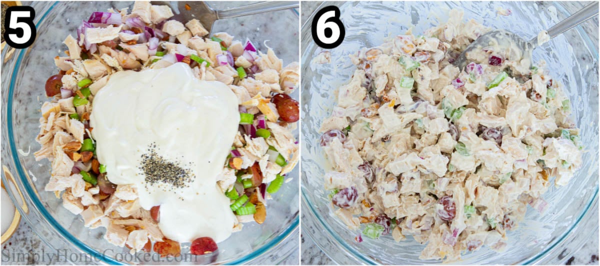Steps to make Chicken Salad with Grapes, including adding the dressing and mixing everything together.