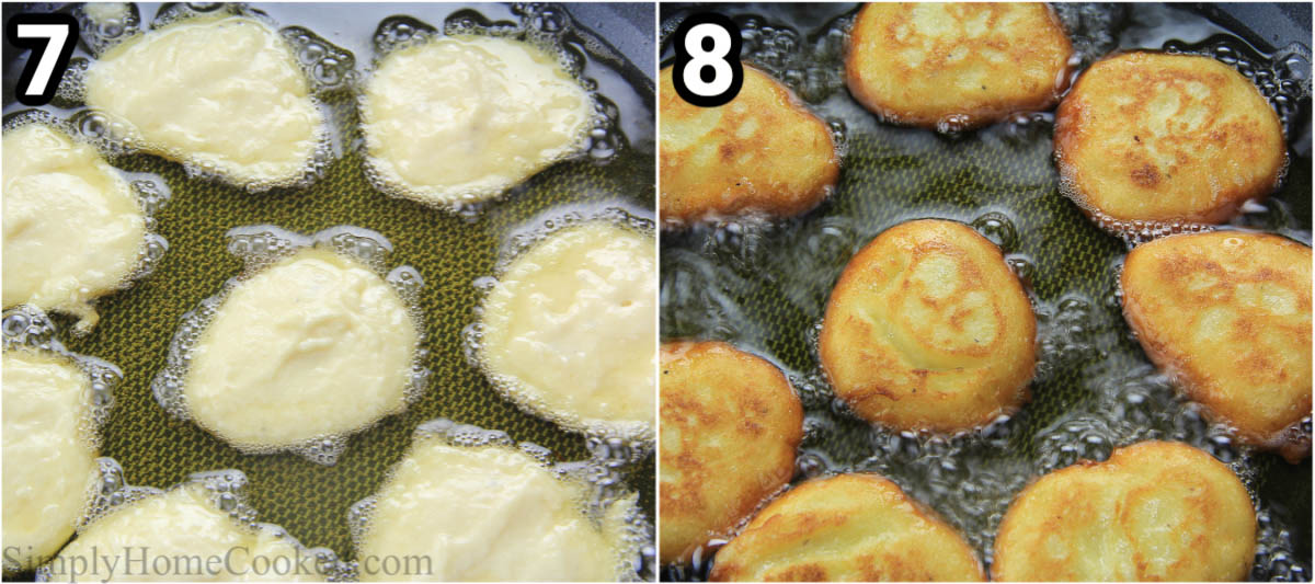 Steps to make Cottage Cheese Pancakes, including scooping the batter into the hot oil and frying the pancakes.
