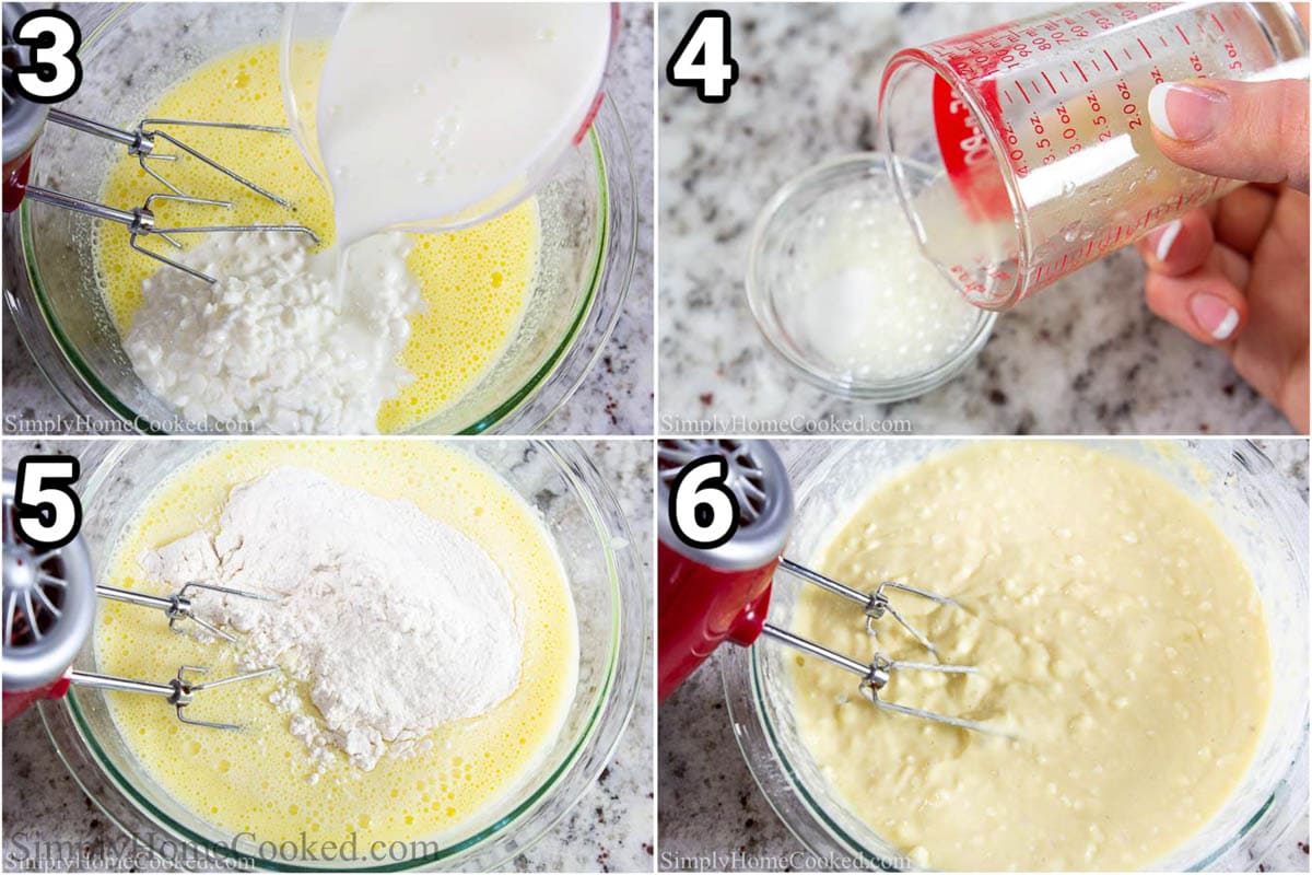 Steps to make Cottage Cheese Pancakes, including frothing the baking soda and then adding it to the egg mixture.
