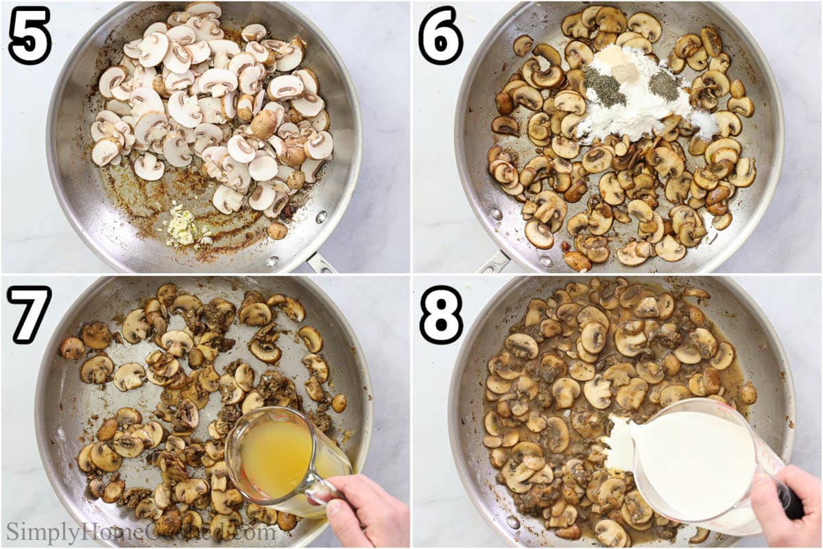 Steps to make Cream of Mushroom Chicken, including cooking the mushrooms and then simmering with broth, cream, and seasonings.