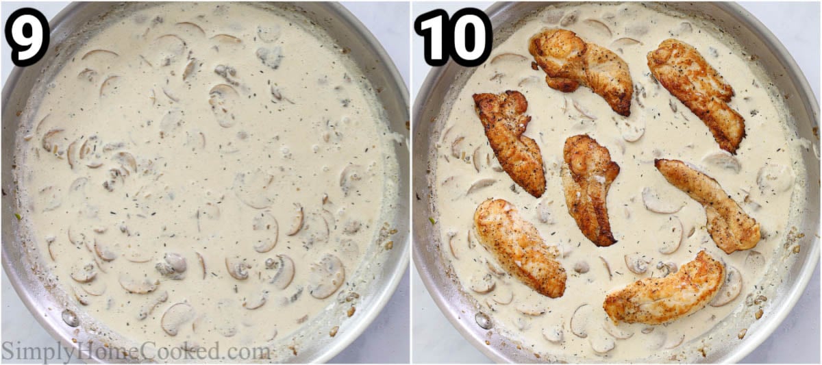 Steps to make Cream of Mushroom Chicken, including simmering the sauce and then adding in the chicken.