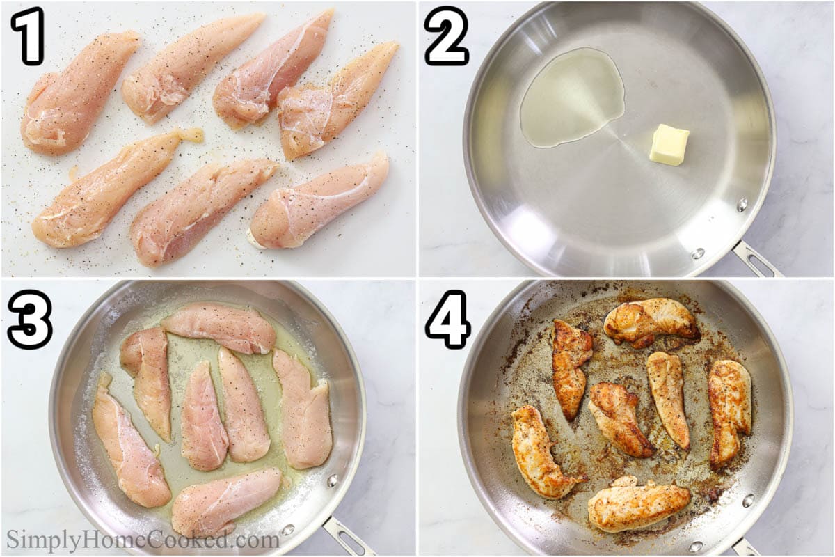 Steps to make Cream of Mushroom Chicken, including seasoning and cooking the chicken in butter and oil.