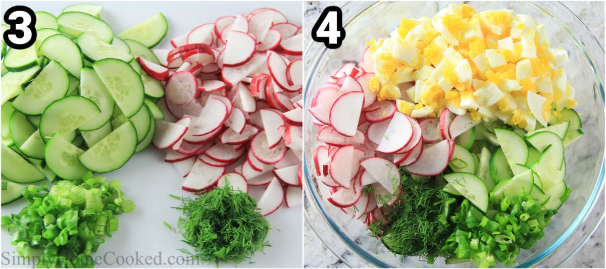 Steps to make Cucumber Radish Salad, including chopping the radishes, cucumbers, green onion, and dill, then adding them to a bowl.