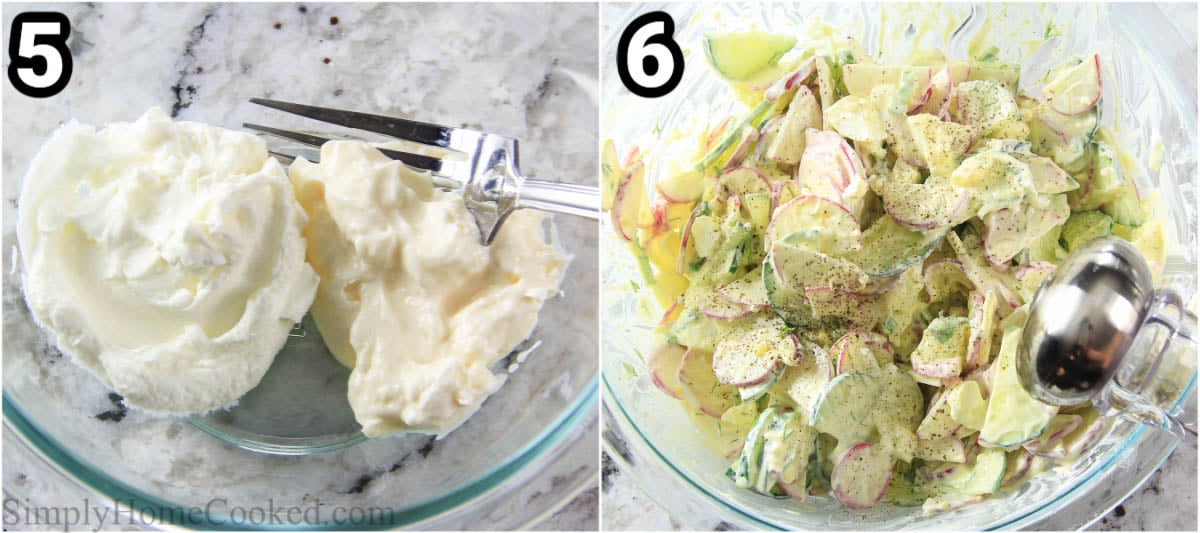 Steps to make Cucumber Radish Salad, including combining the mayo and sour cream, then mixing them into the veggies with salt and pepper.
