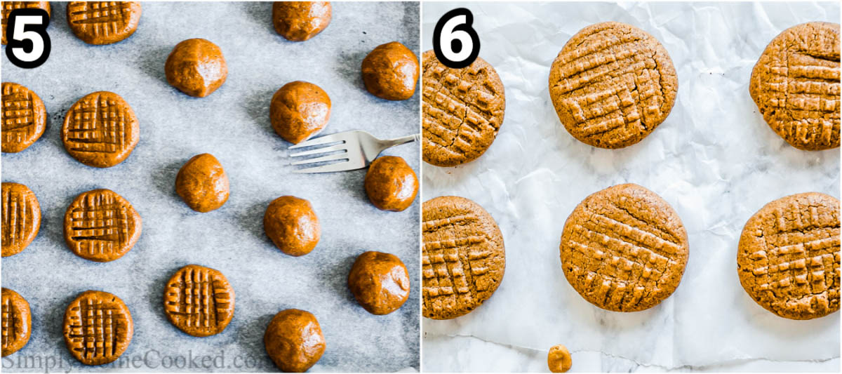 Steps for making Keto peanut butter cookies, including rolling out the dough into balls, then pressing a fork into them to create the hashtag on top of each.