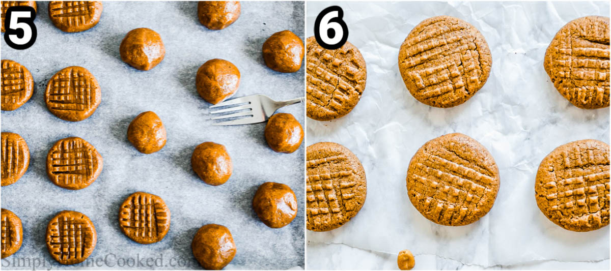 Steps to make Keto Peanut Butter Cookies, including rolling the dough into balls, then pressing a fork into them to create a hashtag on top of each.