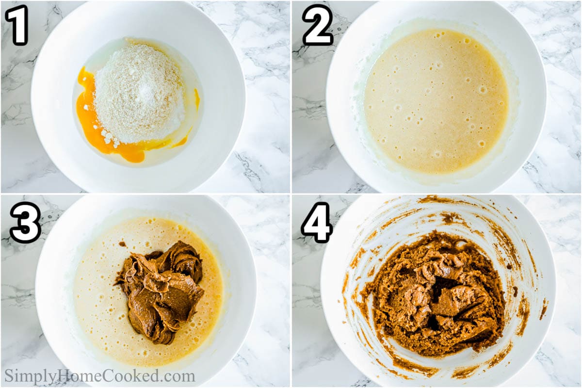 Steps for making Keto peanut butter cookies, including mixing the ingredients together, then adding the peanut butter.