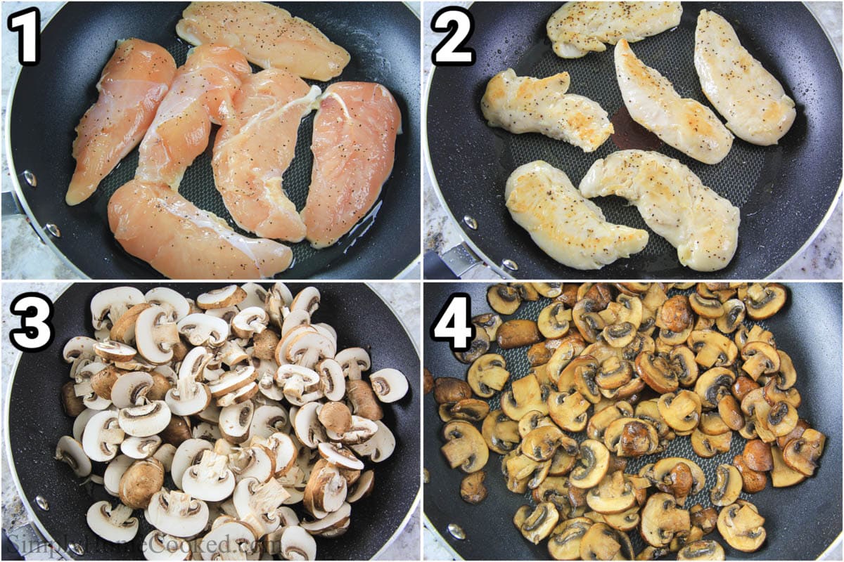 Steps to make Mushroom Risotto with Chicken, including cooking the chicken and then the mushrooms in a pan.