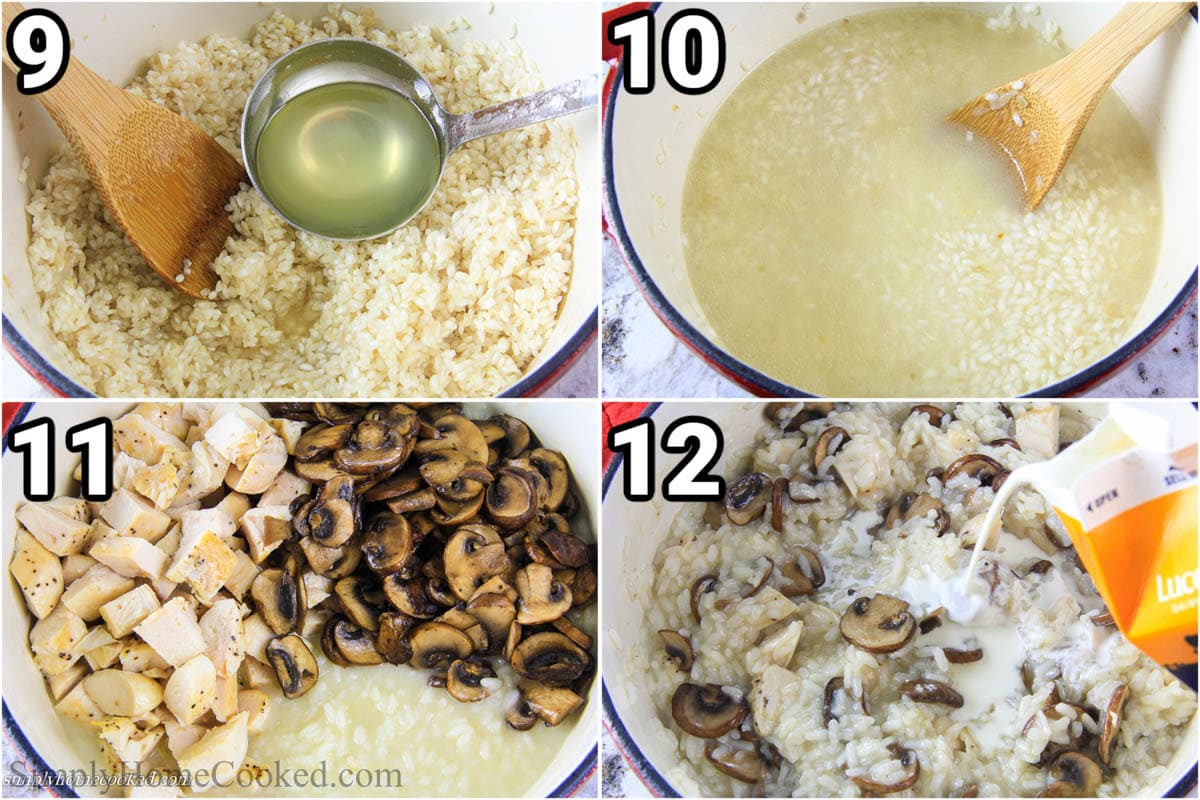 Steps to make Mushroom Risotto with Chicken, including stirring in the chicken broth, then adding the chicken and mushrooms, and finally the cream and Parmesan cheese.