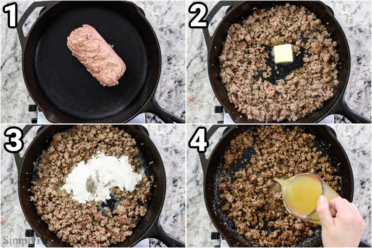 Steps to make sausage including browning the sausage and adding milk.