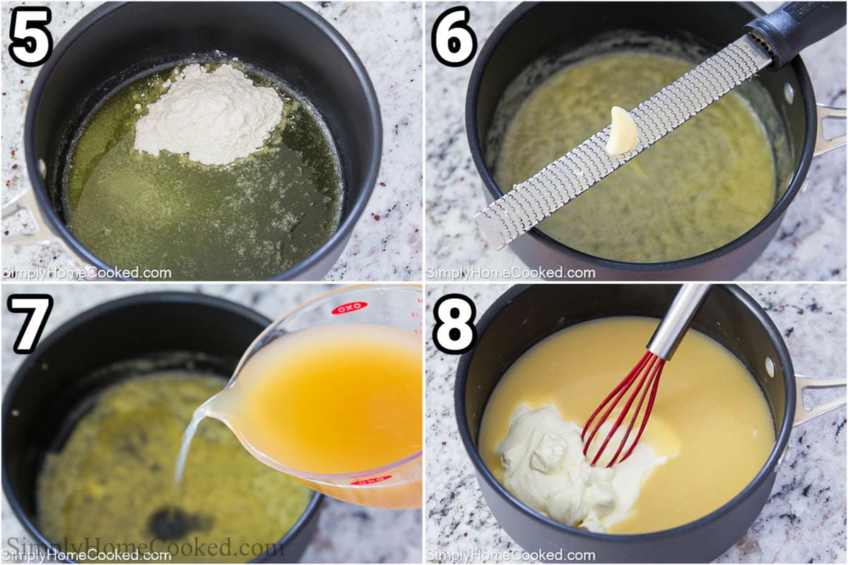 Steps to make White Chicken Enchiladas, including making a roux, then adding the garlic, broth, and sour cream to make the white sauce.