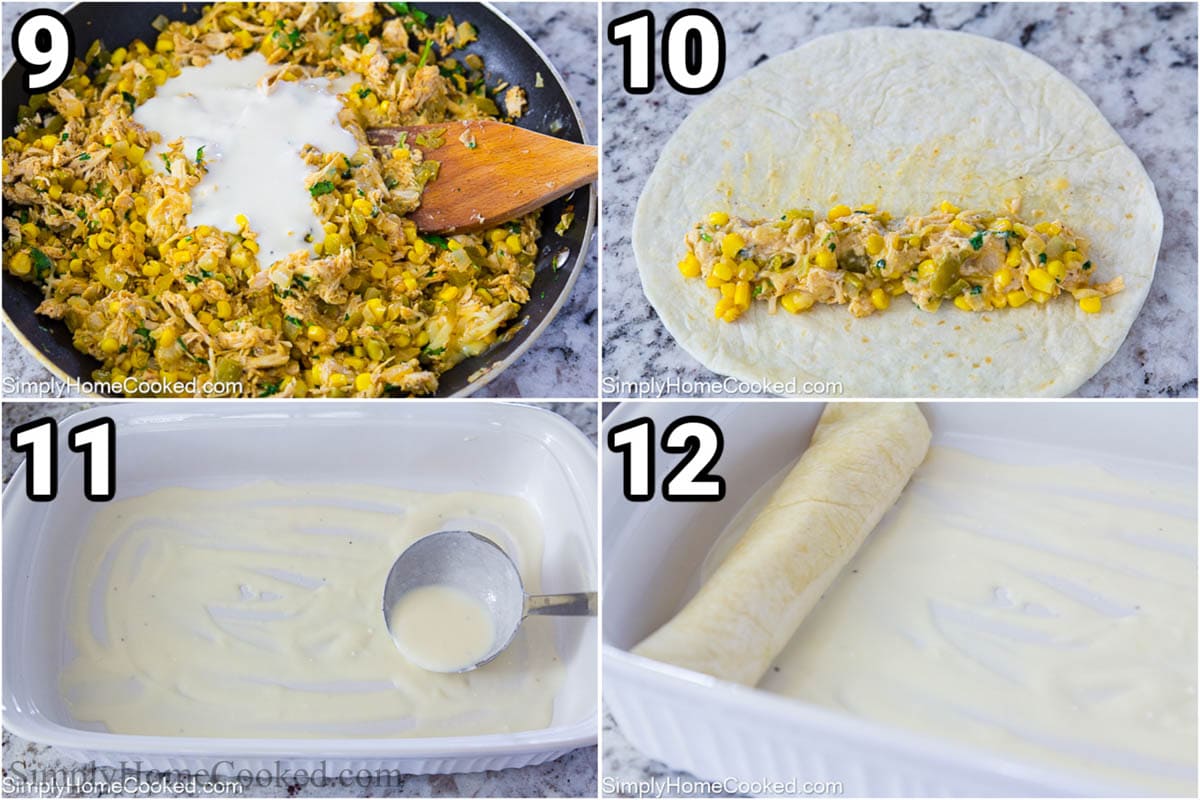 Steps to make White Chicken Enchiladas, including adding some sauce to the chicken filling, then wrapping the tortillas and placing them in a baking sheet.