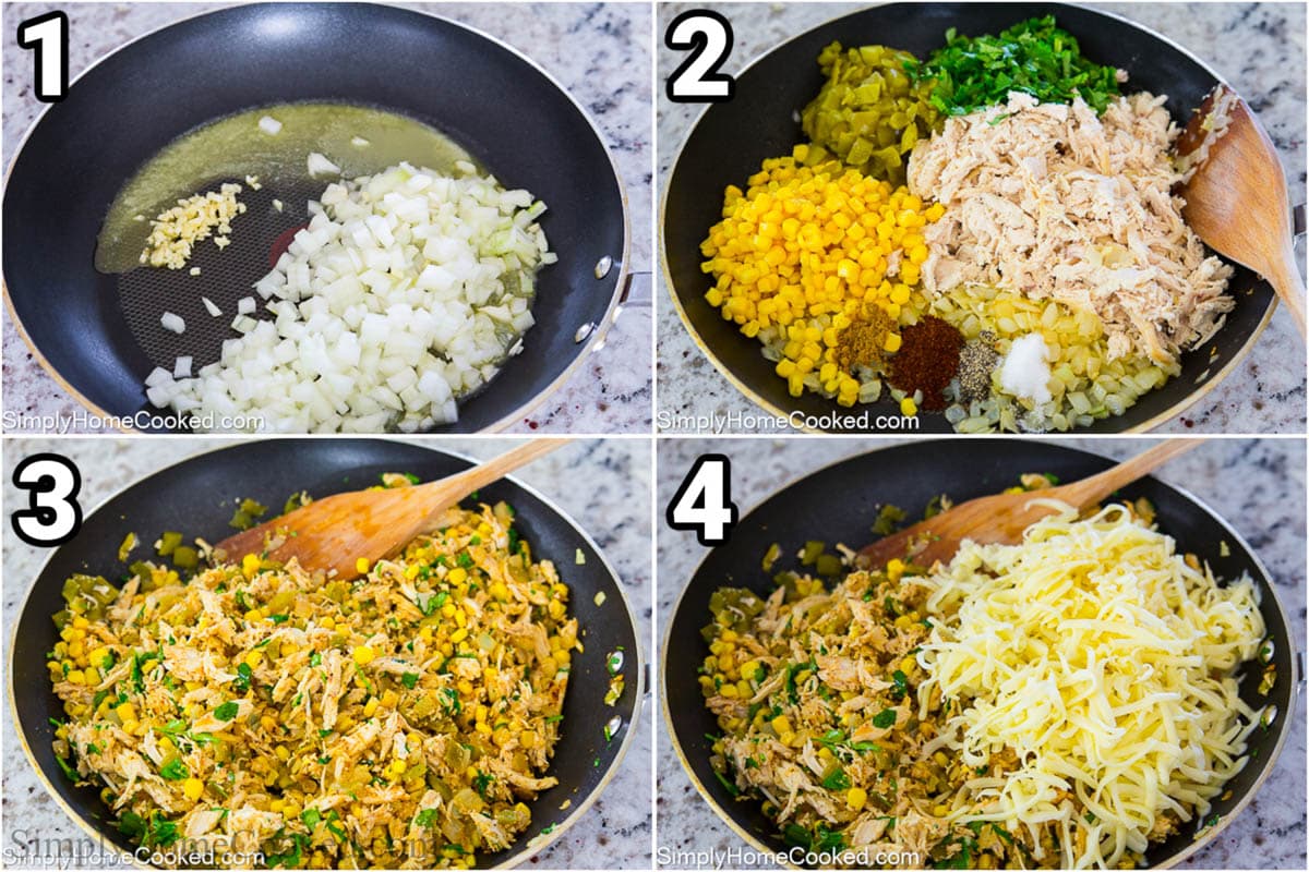 Steps to make White Chicken Enchiladas, including sauteing the meat, vegetables, and spices.