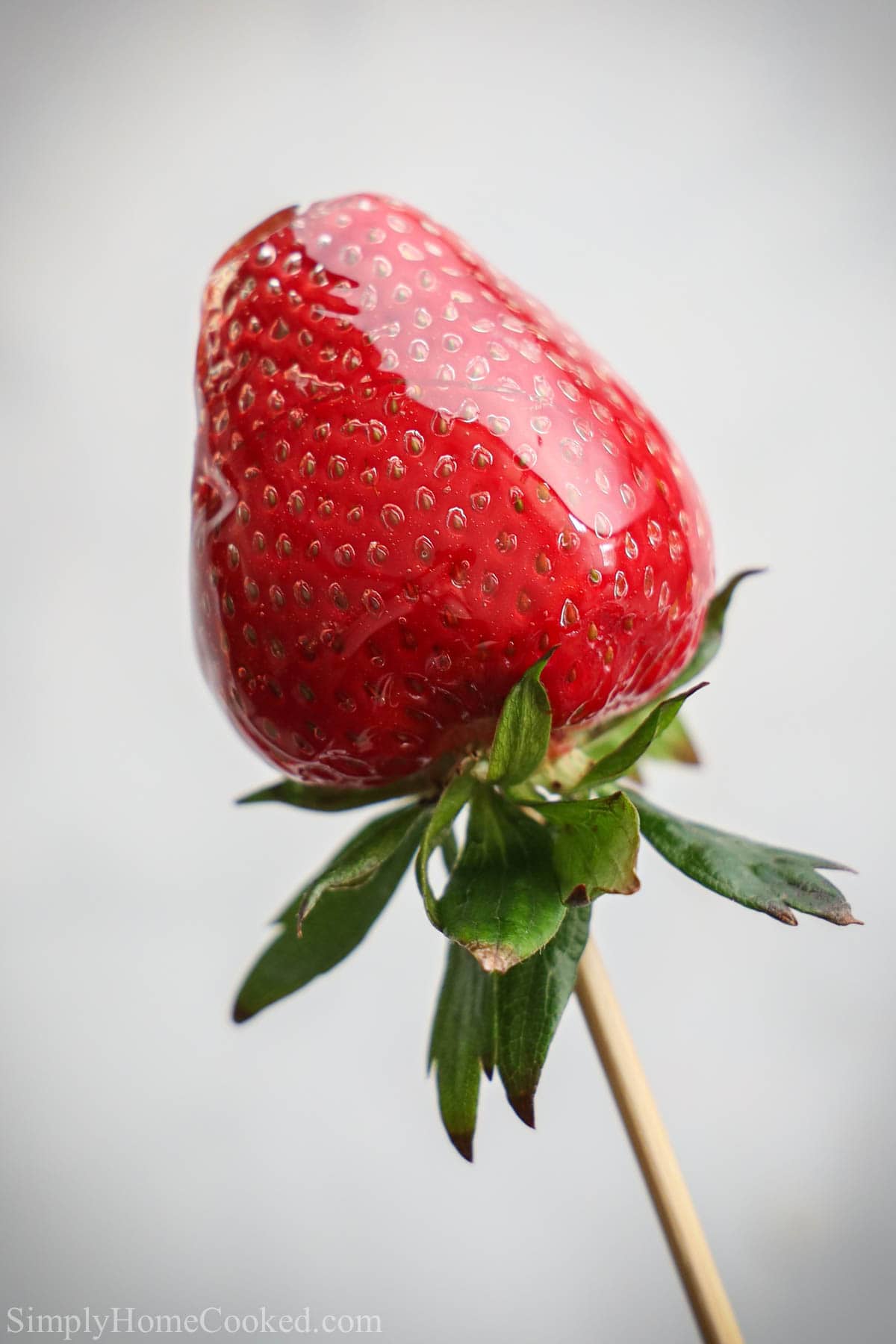 Close up of a Strawberry Tanghulu on a skewer