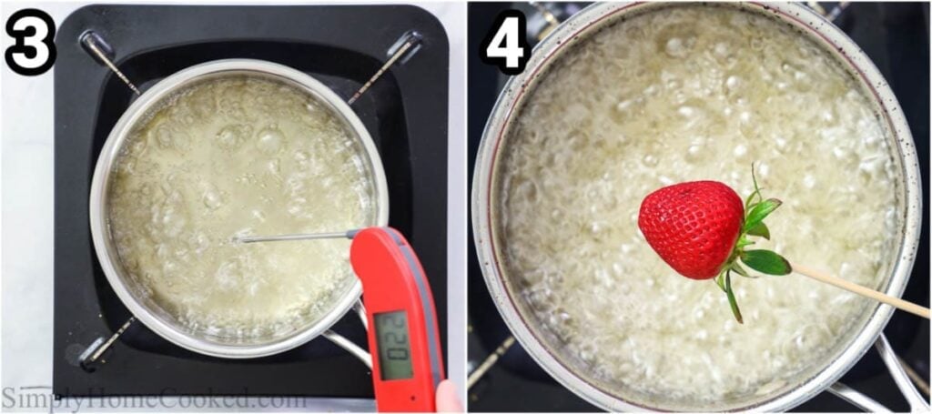 Steps to make Strawberry Tanghulu, including checking the temperature with a candy thermometer and then dipping the strawberries into the sugar syrup.