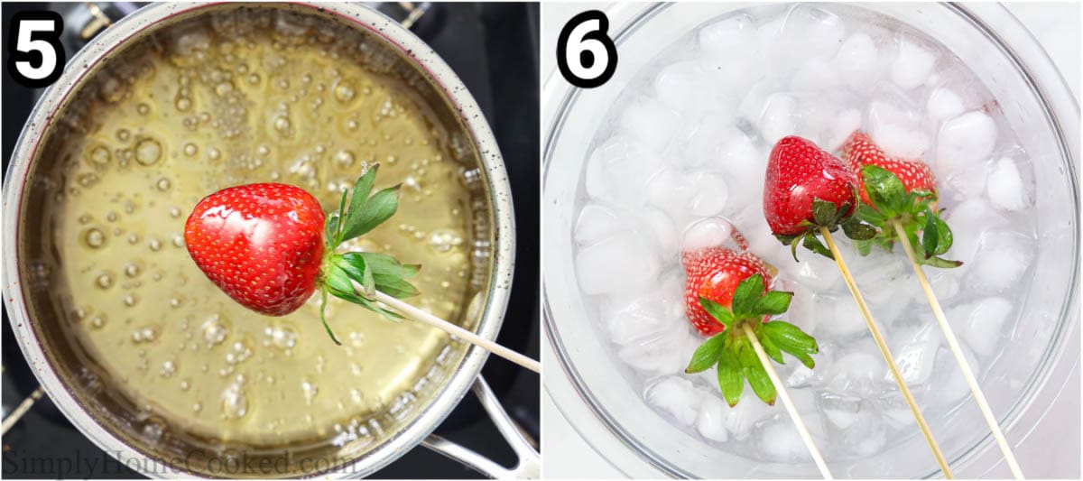 Steps to make Strawberry Tanghulu, including dipping the strawberries into the syrup and then cooling them in an ice bath.
