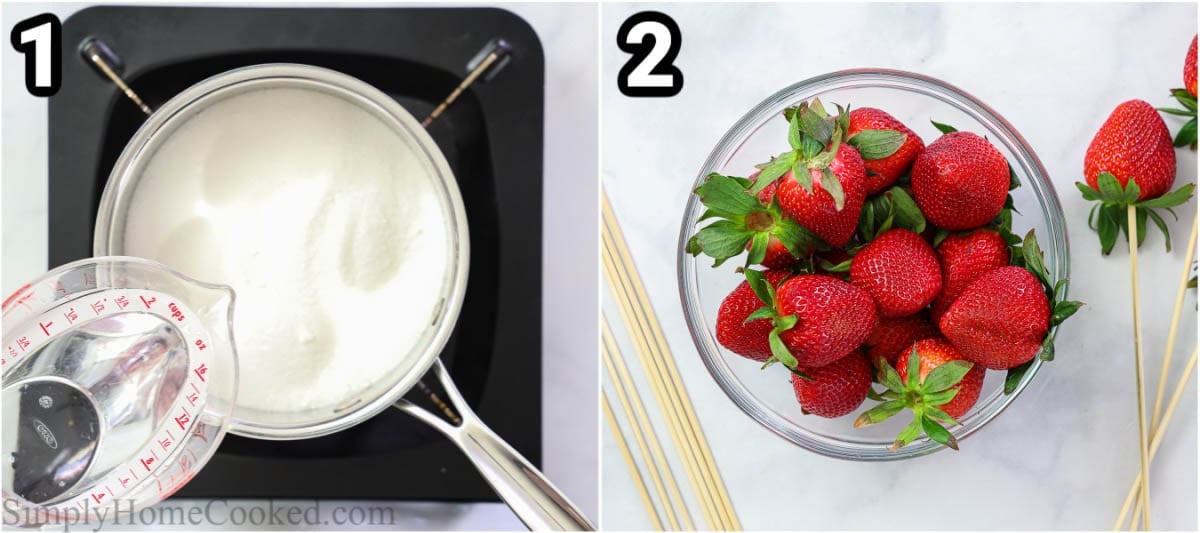 Steps to make Strawberry Tanghulu, including coiling sugar and water and skewering strawberries.