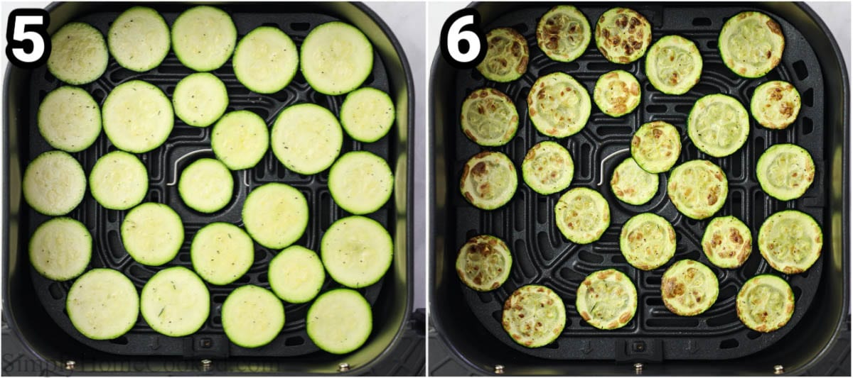 Steps to make Air Fryer Zucchini, including layering the seasoned zucchini in the air fryer basket and then baking them.