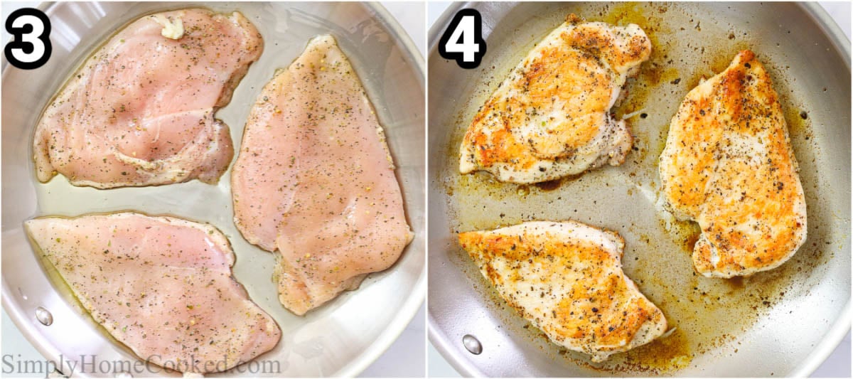 Steps for making Asiago Tortelloni Alfredo with Grilled Chicken, including cooking the chicken breasts in a pan.