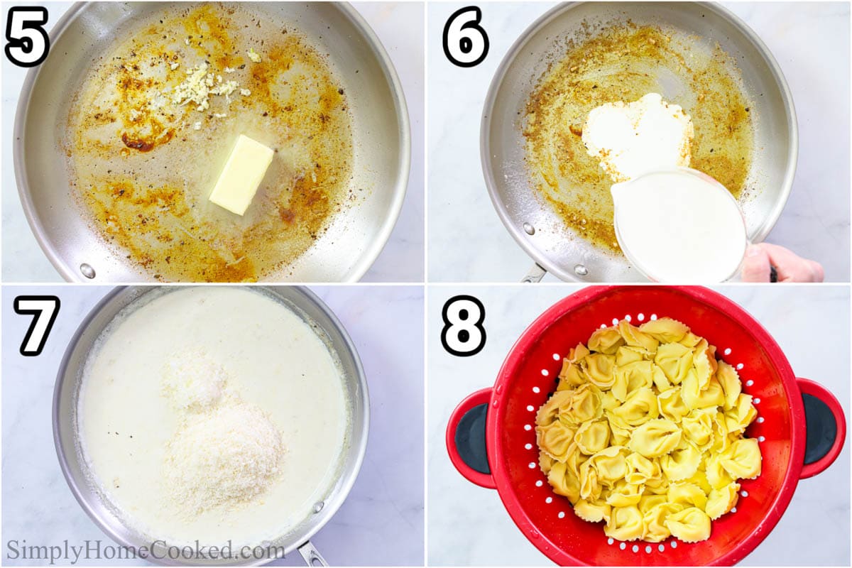 Steps for making Asiago Tortelloni Alfredo with Grilled Chicken, including sauteing the garlic with oil and butter, then adding cream and cheese, and finally cooking and draining the tortelloni.