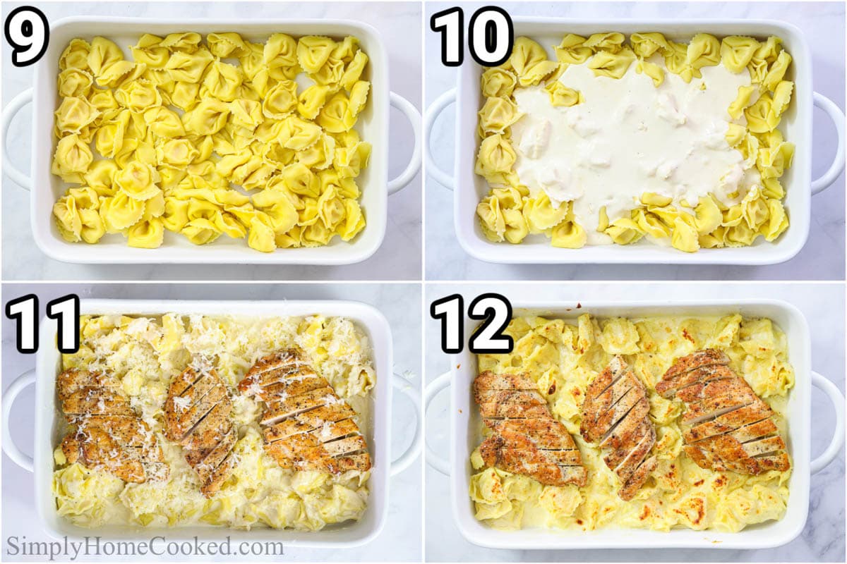 Steps for making Asiago Tortelloni Alfredo with Grilled Chicken, including adding the tortelloni, alfredo sauce, and chicken to a baking dish, then topping with asiago cheese and browning in the oven.