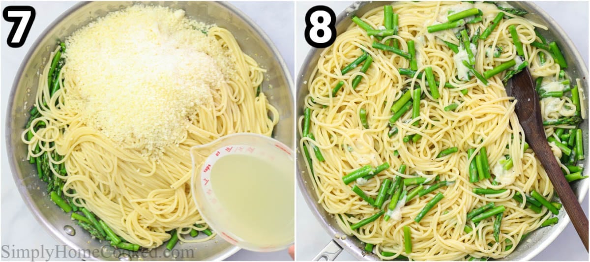 Steps to make Asparagus Pasta, including adding the pasta to the sauce and then mixing it together in the pan with a wooden spoon.