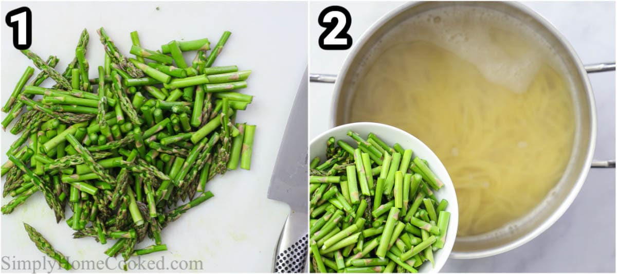 Steps to make Asparagus Pasta, including trimming and cutting the asparagus and then blanching them in the water with the pasta.