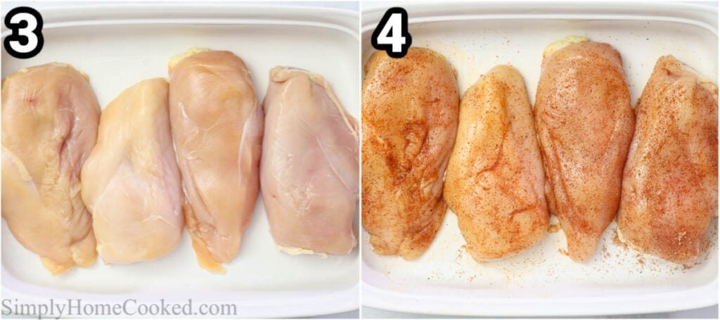 Steps to make Bacon Wrapped Chicken, including rubbing the spices into the chicken breasts in a baking dish.