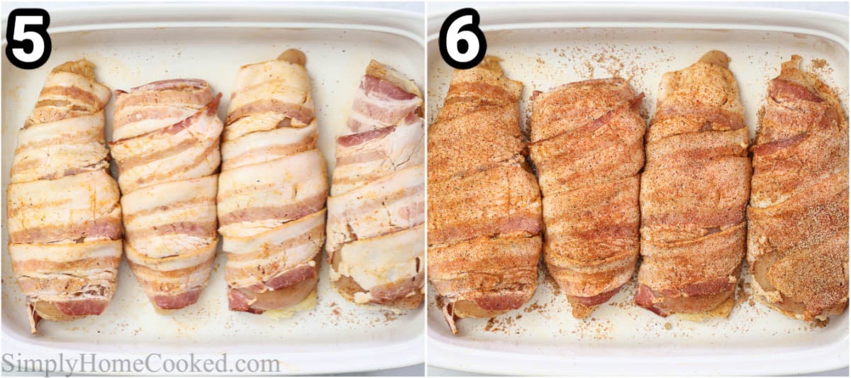 Steps to make Bacon Wrapped Chicken, including wrapping the seasoned chicken with bacon, adding spices, and then baking them.