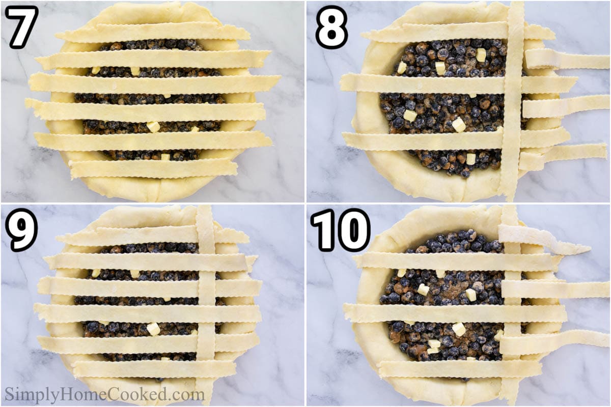 Steps to make Blueberry Pie, including laying the lattice crust strips over the pie.