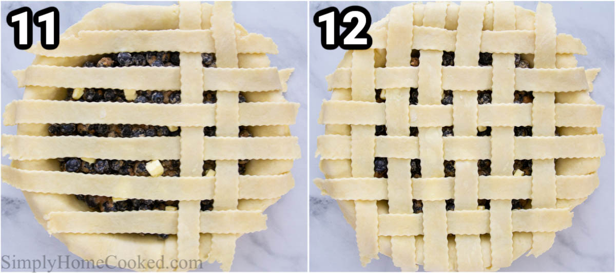 Steps for making a blueberry cake, including lacing the lattice strips over the top of the pie.