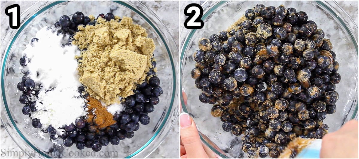Steps to make Blueberry Pie, including mixing the blueberries with the filling ingredients in a bowl.