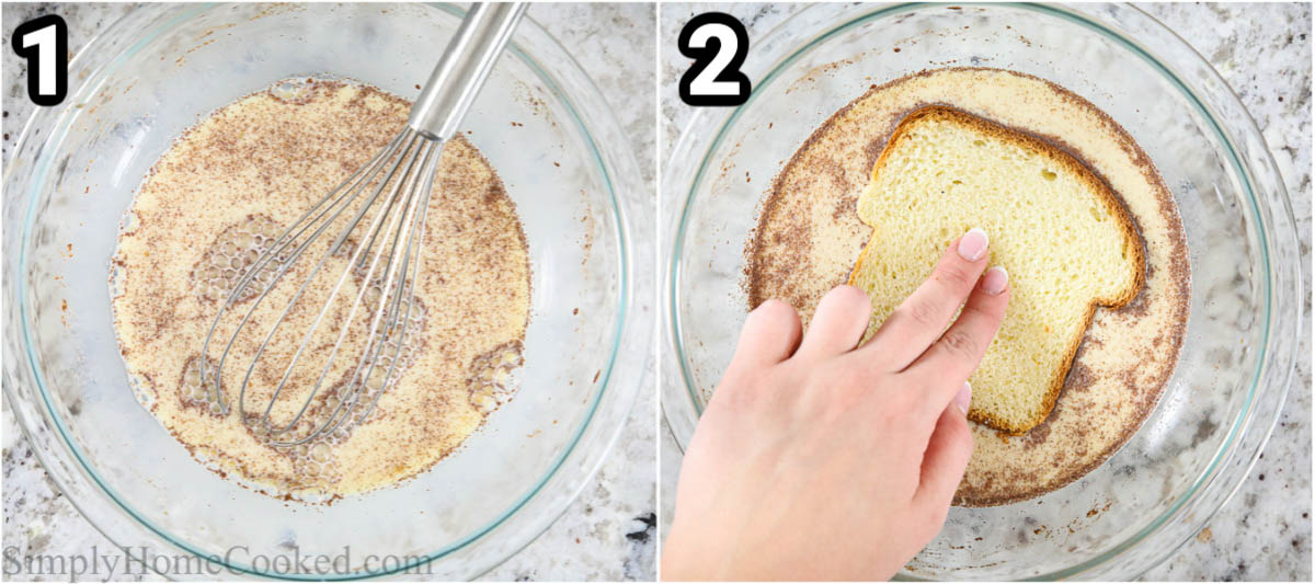 Steps to make Brioche French Toast, including whisking the ingredients in a bowl and then dipping the brioche bread into it.