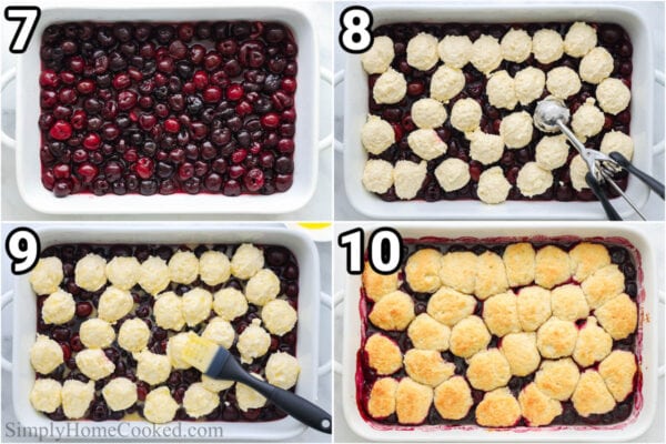 Steps to make Cherry Cobbler, including baking the cobber with scoops of dough on top until golden brown.