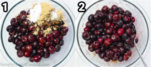Steps to make Cherry Cobbler, including mixing the cherries with the filling ingredients in a bowl.