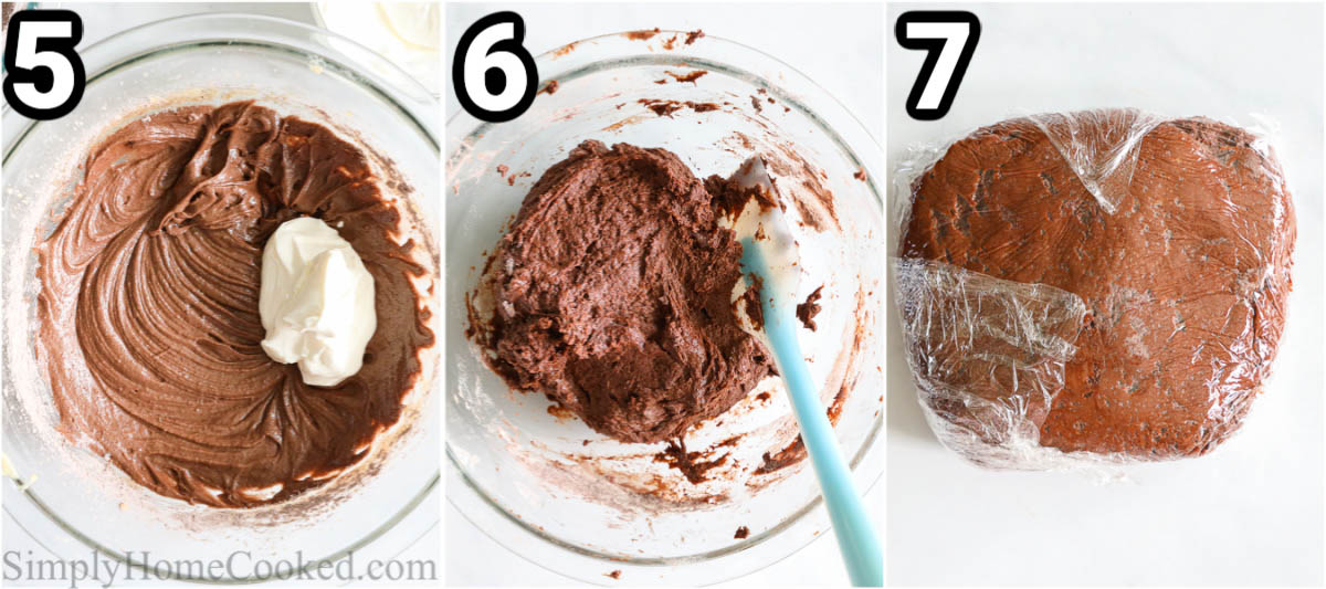 Steps to make Chocolate Donuts, including folding in the sour cream and dry ingredients, then chilling the dough.