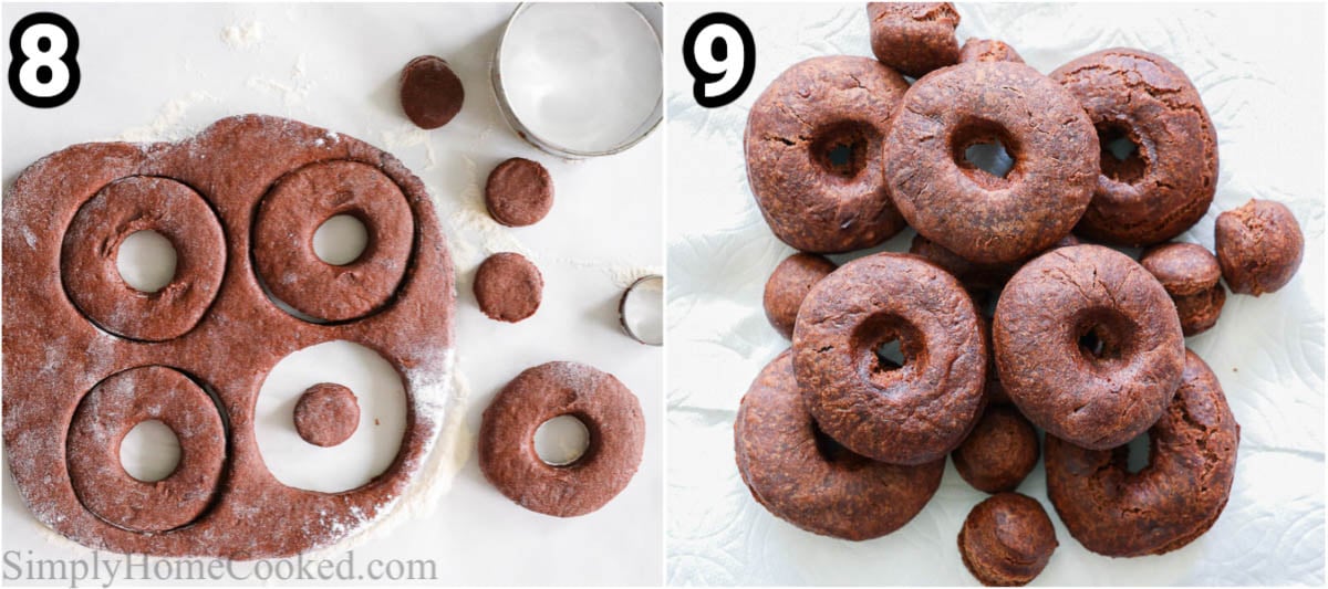 Steps to make Chocolate Donuts, including rolling out and then cutting out the donut shapes, and baking.