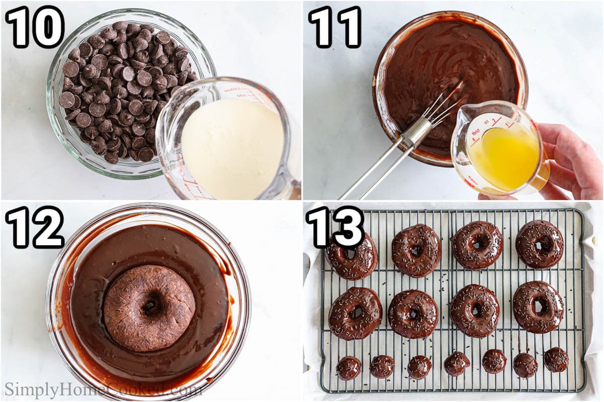 Steps to make Chocolate Donuts, including making the chocolate glaze and dipping the donuts in it.