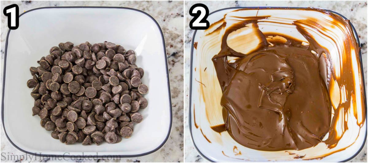 Steps for making chocolate meringue cookies, including melting chocolate chips in a bowl.
