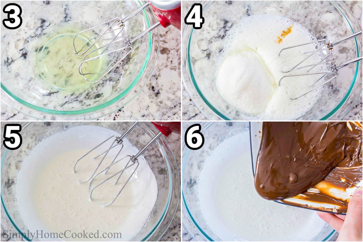 Steps to make Chocolate Meringue Cookies, including making a meringue with egg whites beaten with an electric mixer, then adding vanilla, sugar, and chocolate.