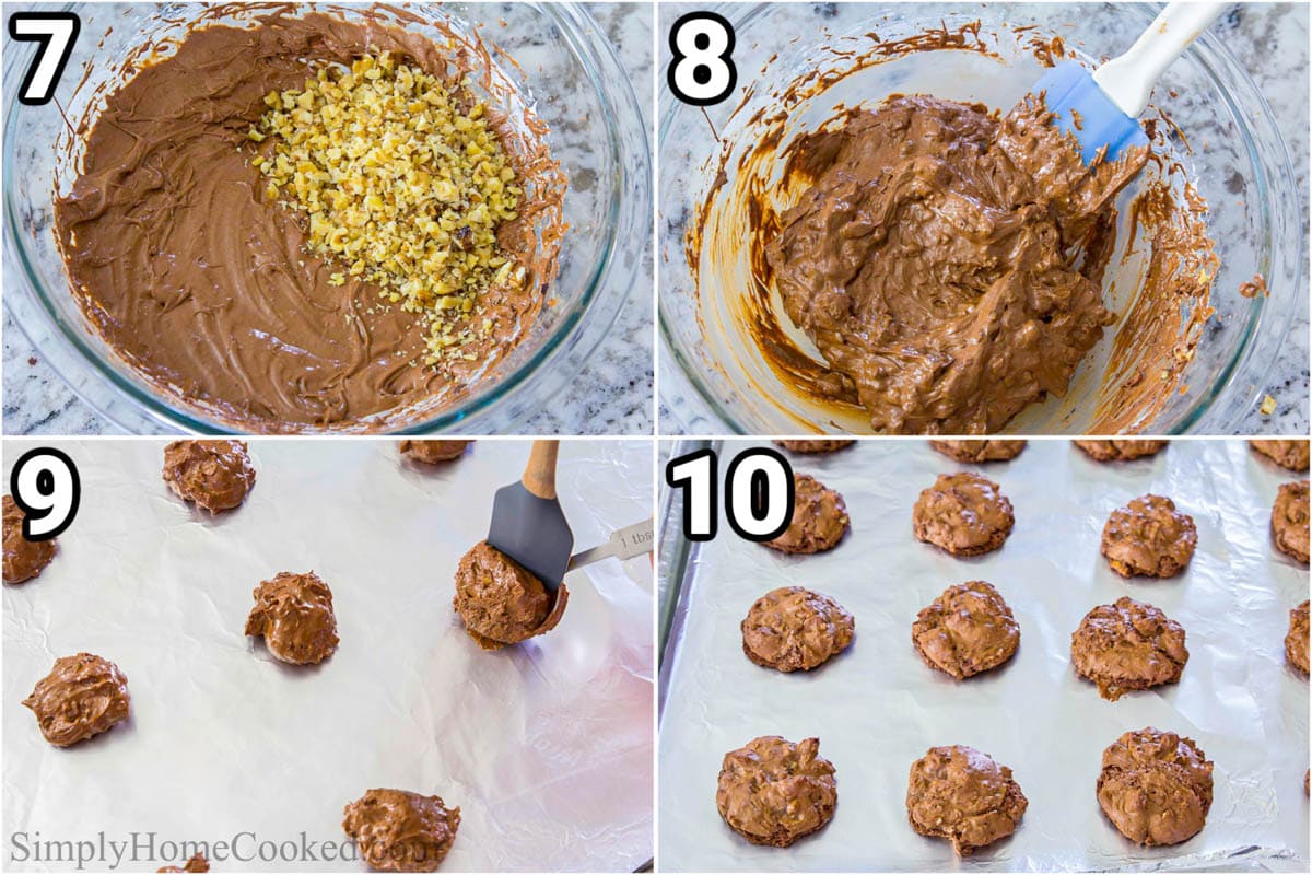 Steps to make Chocolate Meringue Cookies, including adding walnuts to the meringue and placing balls of dough on a cookie sheet to bake.